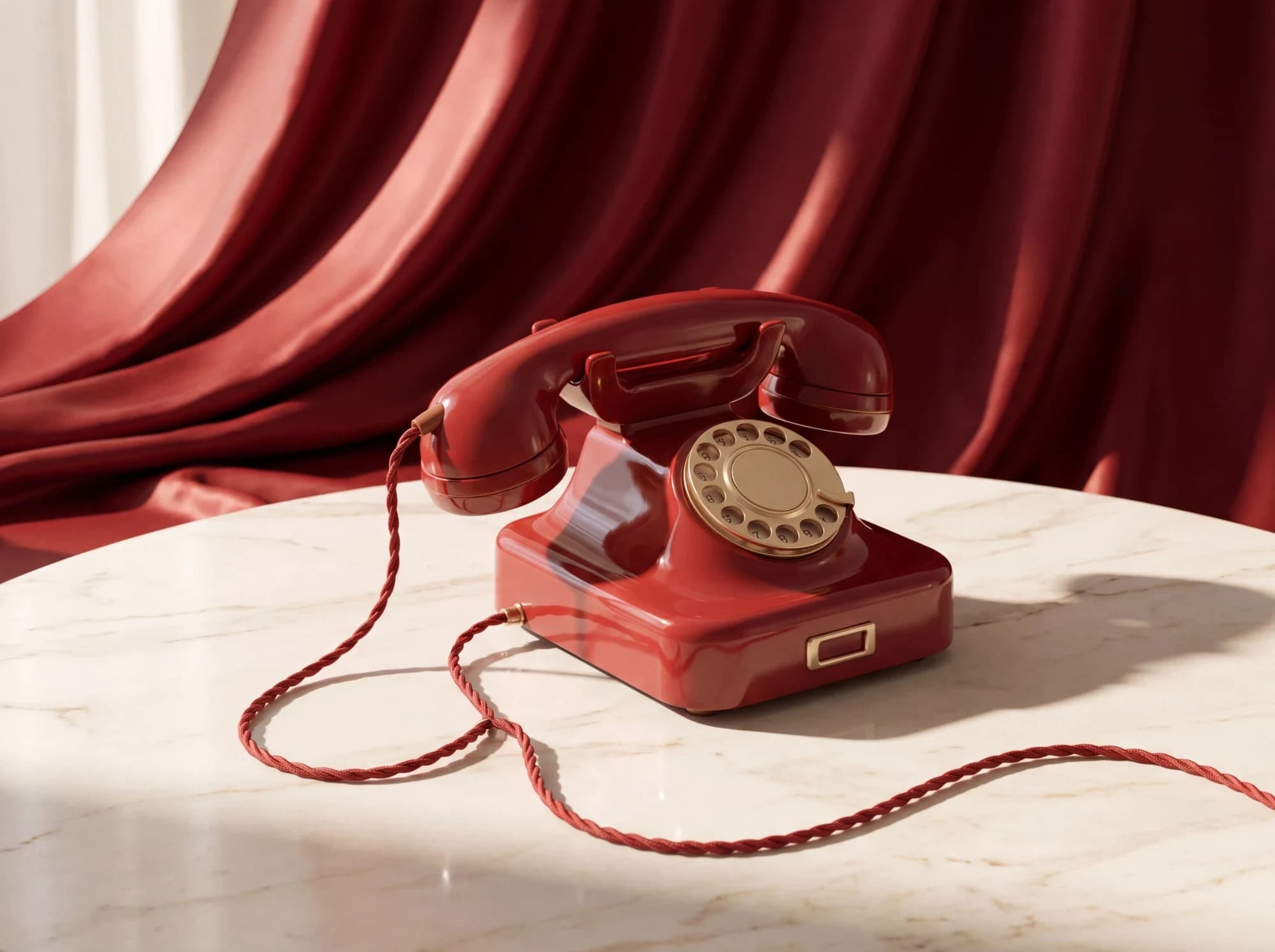 A red rotary telephone on a marble table before red drapes