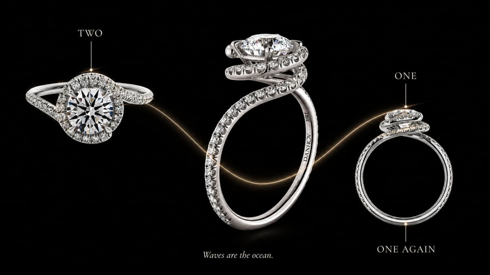 Abbraccio ring shown as two lines returning to one