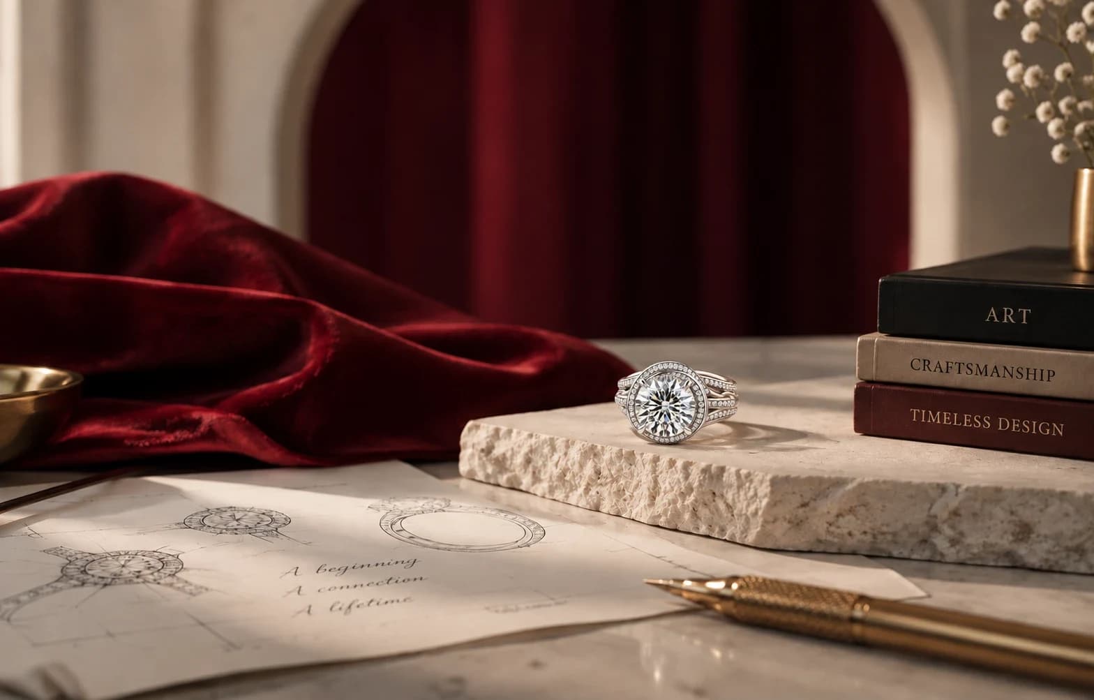 A DANHOV halo ring on stone beside design sketches and books titled Art, Craftsmanship and Timeless Design